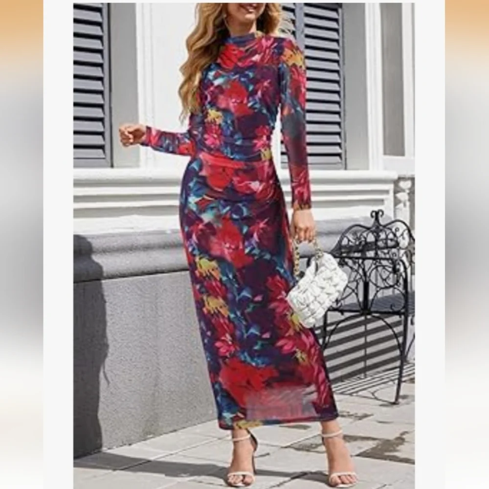 MEROKEETY Floral Sheer Mesh Long Sleeve Fully Lined Maxi Dresses Size XL NWT - Picture 2 of 7